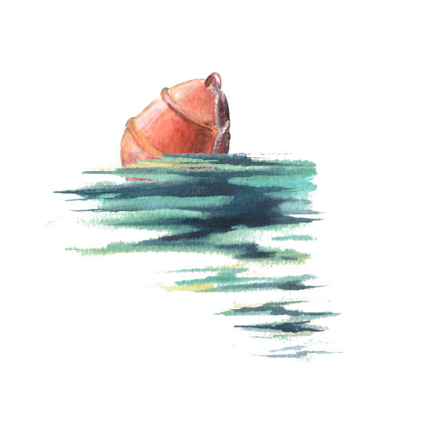 水彩画组成红色浮标在海上手绘孤立在白色背景图片下载