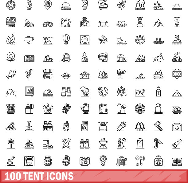 100个帐篷图标设置大纲风格图片下载