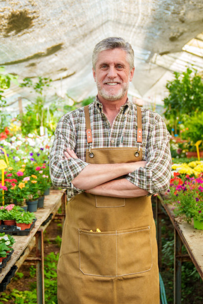 容光焕发的资深托儿所工作人员:穿着格子衬衫和工作围裙的开朗、双臂交叉的员工图片下载