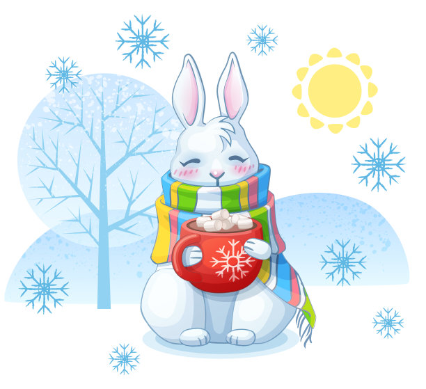 可爱的兔子卡通插画，搞笑的兔子作为2023年新年的象征。冬天的风景，可爱的兔子在雪下戴着围巾，爪子上拿着一杯热可可。中国新年标志设计的贺卡和季节性包装图片下载