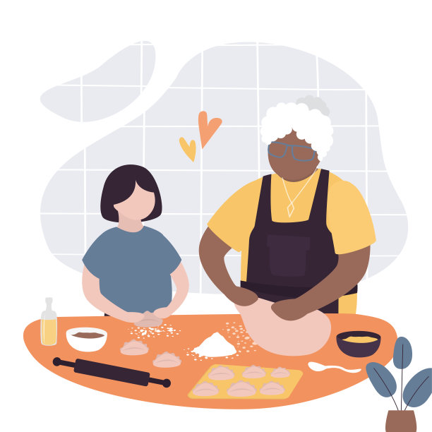 老保姆和女孩一起做饭。上了年纪的保姆教孩子做饭。儿童和老年妇女做饭，做馅饼或纸杯蛋糕。厨房内部多民族。图片下载