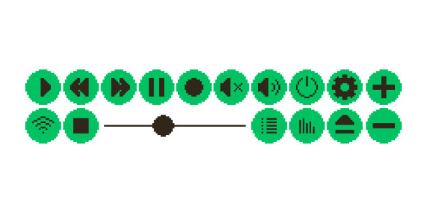 平面像素艺术集绿色媒体播放器图标音频或视频在白色背景。复古风格的设计理念图片下载