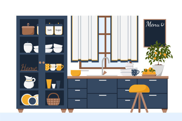 海军蓝、橙色和白色调的现代风格厨房。室内和家具收藏。斯堪的纳维亚设计。图片下载