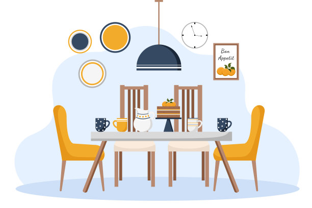 海军蓝、橙色和白色调的现代风格餐厅。室内和家具收藏。斯堪的纳维亚设计。图片下载