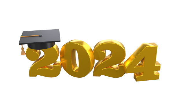 2024级3d图标。祝贺毕业生设计模板与帽和数字。黄金毕业排版插图仪式，聚会，贺卡，邀请与剪贴路径图片下载