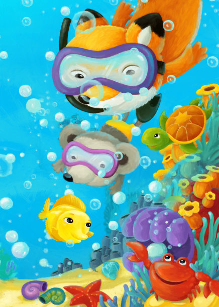 卡通海洋场景珊瑚礁森林动物潜水图片下载