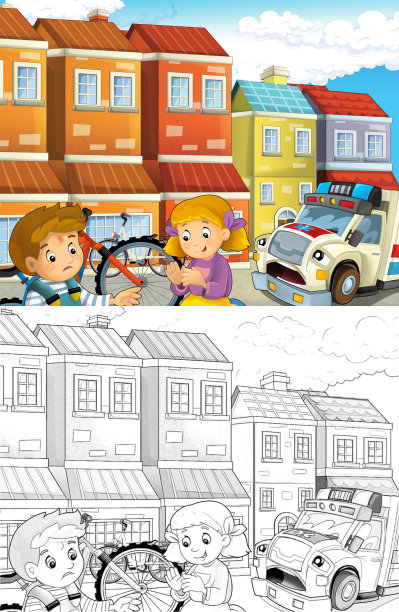 卡通场景，孩子们在自行车事故后和救护车来帮助-儿童插图图片下载