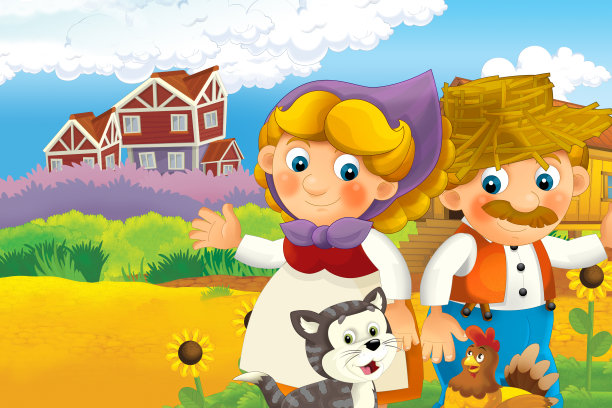 卡通快乐农场场景-农场夫妇的男人和女人快乐-儿童插图图片下载