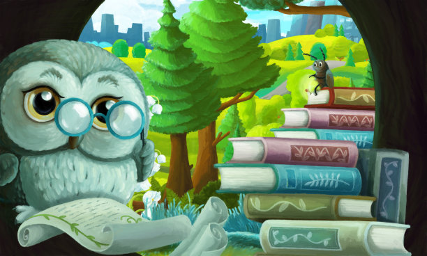 卡通场景聪明的猫头鹰在树屋学习书籍图片下载