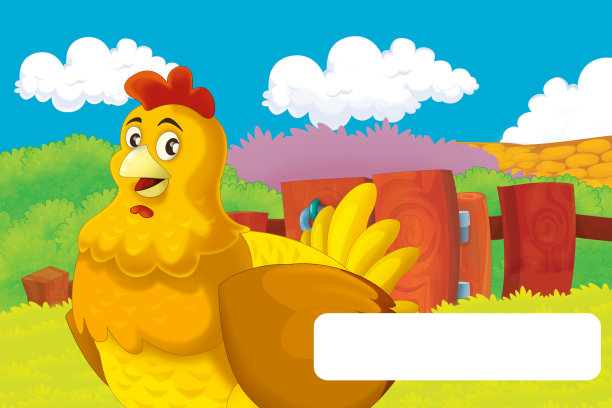 卡通农场快乐的场景与站立的公鸡和母鸡农场的鸟与框架文字插图的孩子图片下载