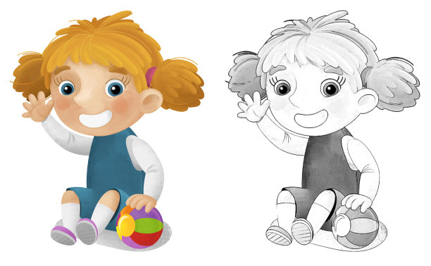 卡通场景与女学生玩球有乐趣插图儿童素描图片下载