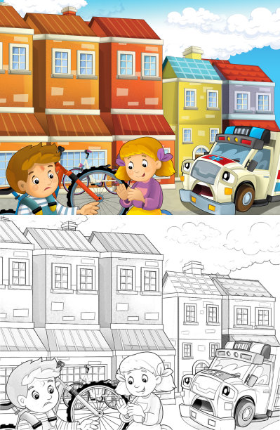 卡通场景，孩子们在自行车事故后和救护车来帮助-儿童插图图片下载