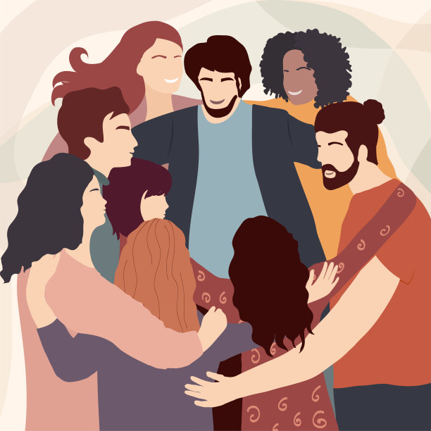 一群来自不同文化背景的人围成一圈互相拥抱。团队合作。致力于和平与环境社会问题的朋友或志愿者社区图片下载