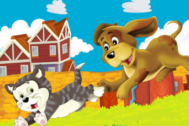 猫在农场玩耍的卡通场景-儿童插图图片下载