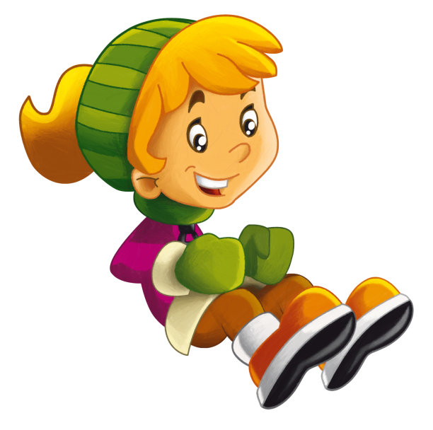 卡通场景与年轻的女孩滑下来或跳跃的冬天场景插图的孩子图片下载