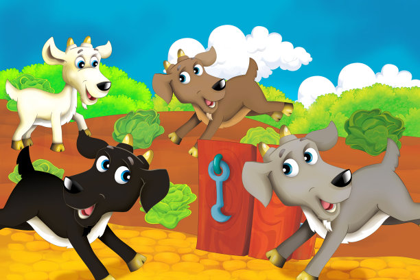 卡通农场场景与动物山羊有乐趣-插图为儿童图片下载