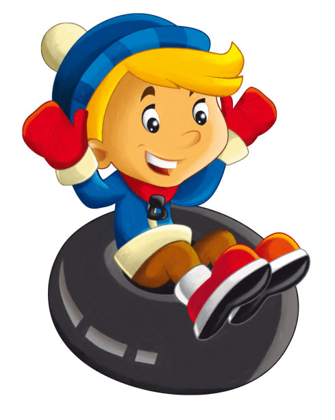 卡通场景与小男孩在橡胶管滑下冬天场景插图的孩子图片下载