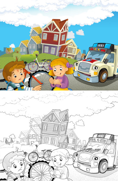 卡通场景，孩子们在自行车事故后和救护车来帮助-儿童插图图片下载