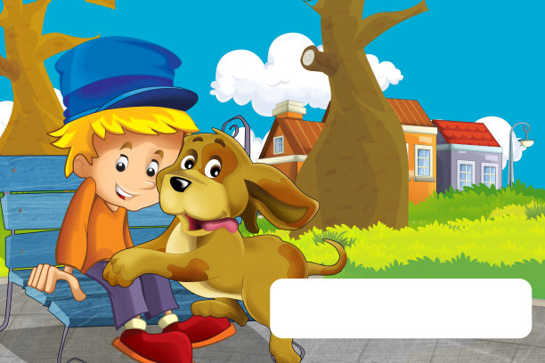 卡通场景与狗在农场有乐趣与框架文字插图的孩子图片下载