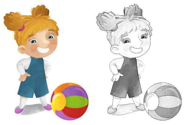 卡通场景与女学生玩球有乐趣插图儿童素描图片下载