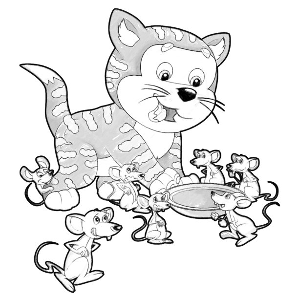 素描卡通场景与快乐的猫做一些事情玩孤立插图的孩子图片下载