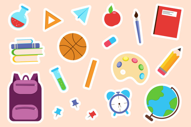 一套贴纸与学校用品，文具，背包。返校贴纸包。矢量分离元件图片下载