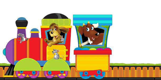 卡通蒸汽火车在轨道上与农场动物在白色背景空间的文字插图为儿童图片下载