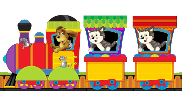 卡通蒸汽火车在轨道上与农场动物在白色背景空间的文字插图为儿童图片下载