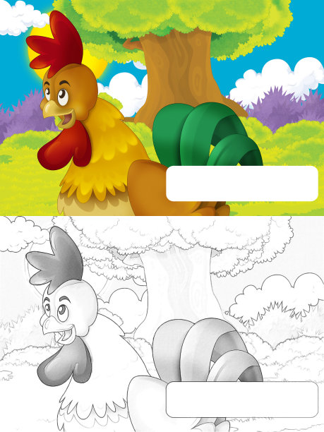卡通农场快乐的场景与站立的公鸡和母鸡农场的鸟与框架文字插图的孩子图片下载