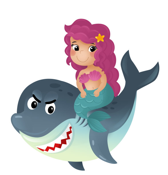卡通场景与美人鱼公主和海豚游泳在一起，有乐趣孤立插图的孩子图片下载