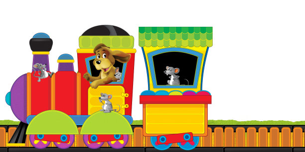 卡通蒸汽火车在轨道上与农场动物在白色背景空间的文字插图为儿童图片下载