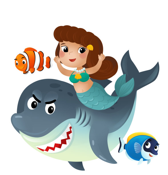 卡通场景与美人鱼，公主和鲨鱼一起游泳与珊瑚礁鱼的乐趣孤立插图的孩子图片下载