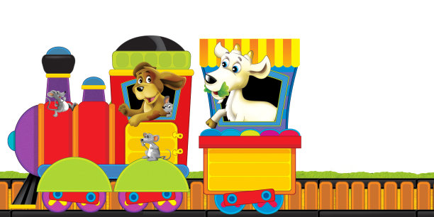 卡通蒸汽火车在轨道上与农场动物在白色背景空间的文字插图为儿童图片下载