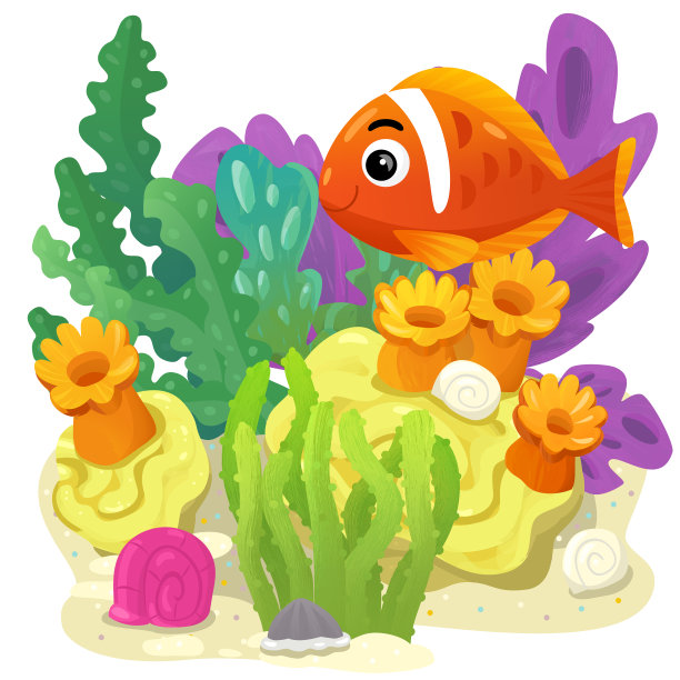 卡通场景与珊瑚礁游泳欢快的鱼孤立元素插图的孩子图片下载