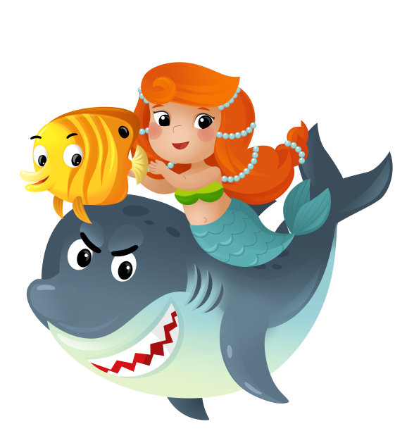 卡通场景与美人鱼，公主和鲨鱼一起游泳与珊瑚礁鱼的乐趣孤立插图的孩子图片下载