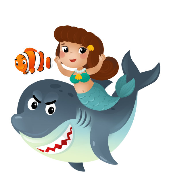 卡通场景与美人鱼，公主和鲨鱼一起游泳与珊瑚礁鱼的乐趣孤立插图的孩子图片下载