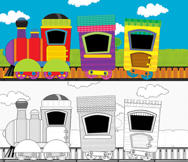 卡通有趣的蒸汽火车穿过草地-儿童插图图片下载