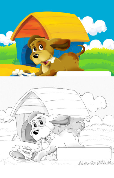 卡通场景与狗在农场有乐趣与框架文字插图的孩子图片下载