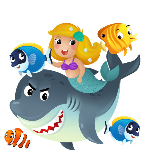 卡通场景与美人鱼，公主和鲨鱼一起游泳与珊瑚礁鱼的乐趣孤立插图的孩子图片下载