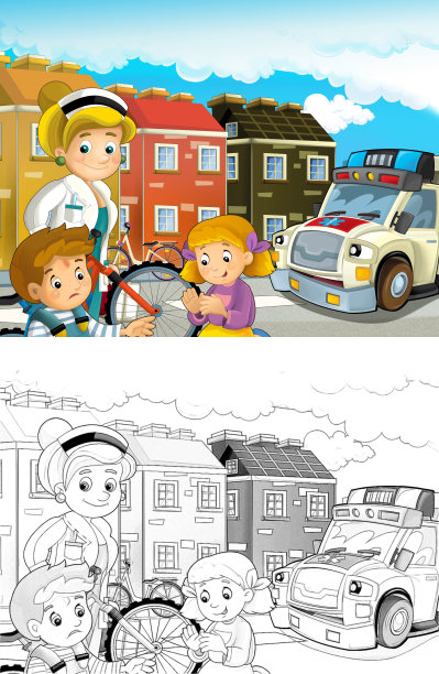 卡通场景，孩子们在自行车事故后，救护车和医生前来帮助-儿童插图图片下载