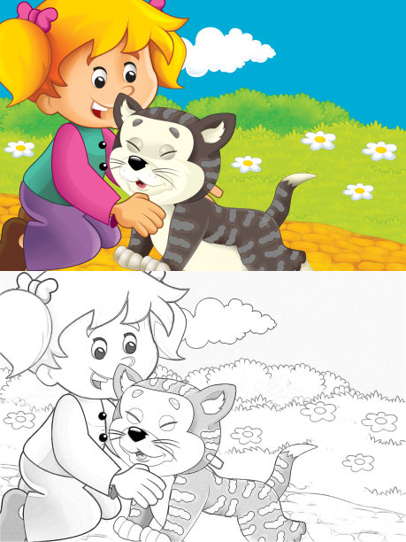 猫在农场玩耍的卡通场景-儿童插图图片下载