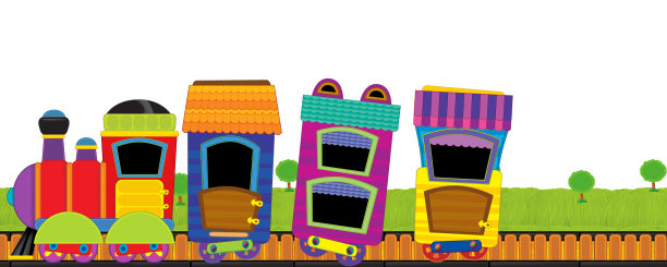 卡通有趣的蒸汽火车通过草地没有人在舞台上与白色背景文字插图的孩子图片下载