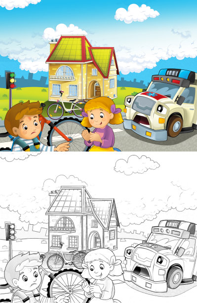 卡通场景，孩子们在自行车事故后和救护车来帮助-儿童插图图片下载