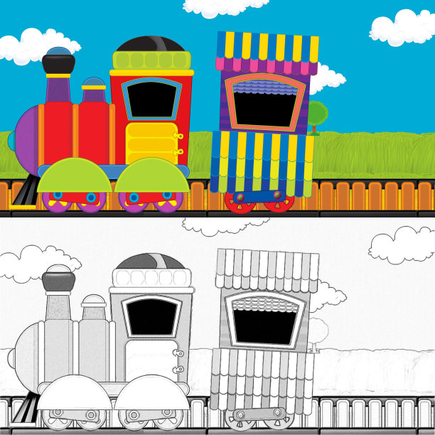 卡通有趣的蒸汽火车穿过草地-儿童插图图片下载