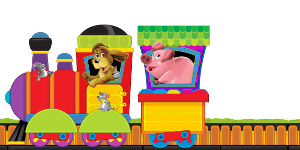卡通蒸汽火车在轨道上与农场动物在白色背景空间的文字插图为儿童图片下载