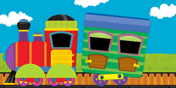 卡通有趣的蒸汽火车穿过草地-儿童插图图片下载