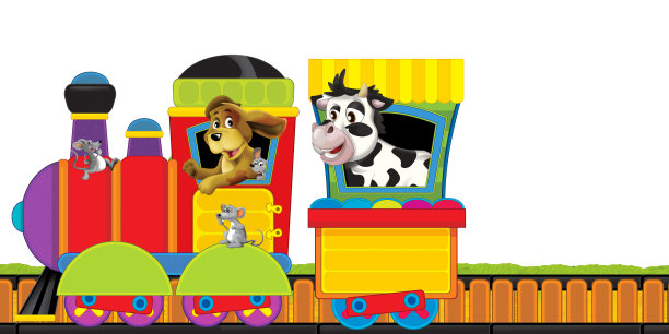卡通蒸汽火车在轨道上与农场动物在白色背景空间的文字插图为儿童图片下载