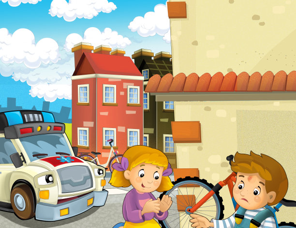 卡通场景，孩子们在自行车事故后和救护车来帮助-儿童插图图片下载