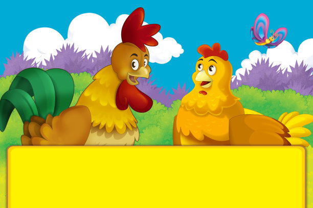 卡通农场快乐的场景与站立的公鸡和母鸡农场的鸟-插图为儿童图片下载