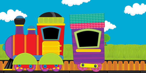 卡通有趣的蒸汽火车穿过草地-儿童插图图片下载